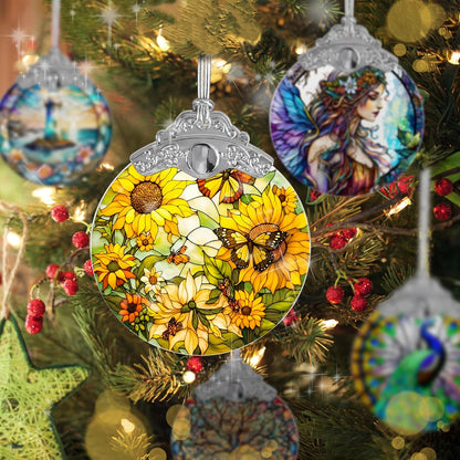 Stained Glass Suncatcher, Jocidea Sunflower and Butterfly Decor, Christmas Ornament, Holidays