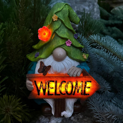 Mood Lab Garden Gnome - Solar Gnome Figurine with Welcome Sign - 9.1 Inch Decor Outdoor Lawn Statue
