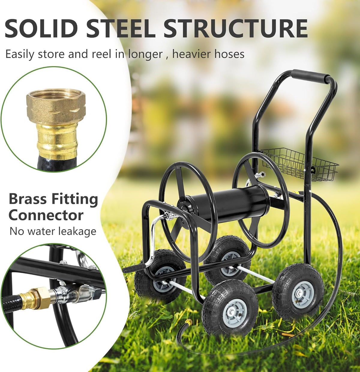 Hose Reel Hold Up To 300 Ft Heavy Duty Garden Hose Reel Sturdy Water Hose Reel Cart with 4 Wheels