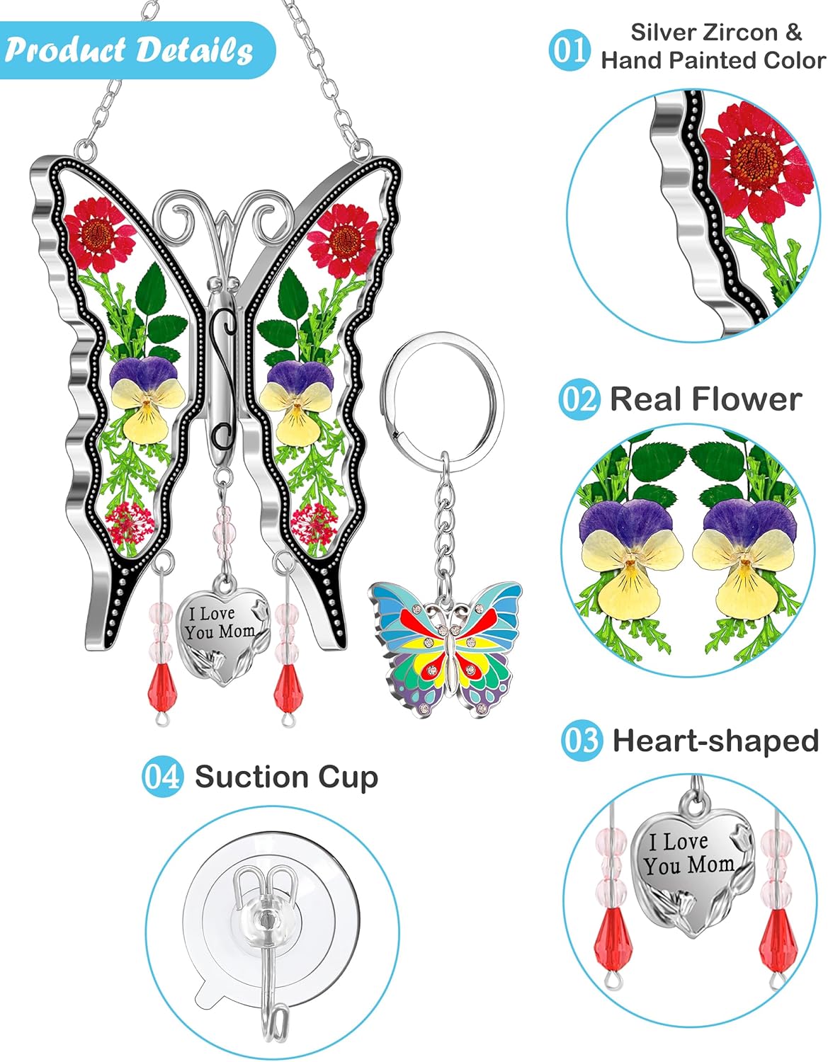 KY&BOSAM Gifts for Mom Suncatcher Butterfly I Love You Mom Stained Glass Sun Catcher Hanging Wind