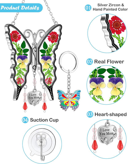 KY&BOSAM Gifts for Mom Suncatcher Butterfly I Love You Mom Stained Glass Sun Catcher Hanging Wind