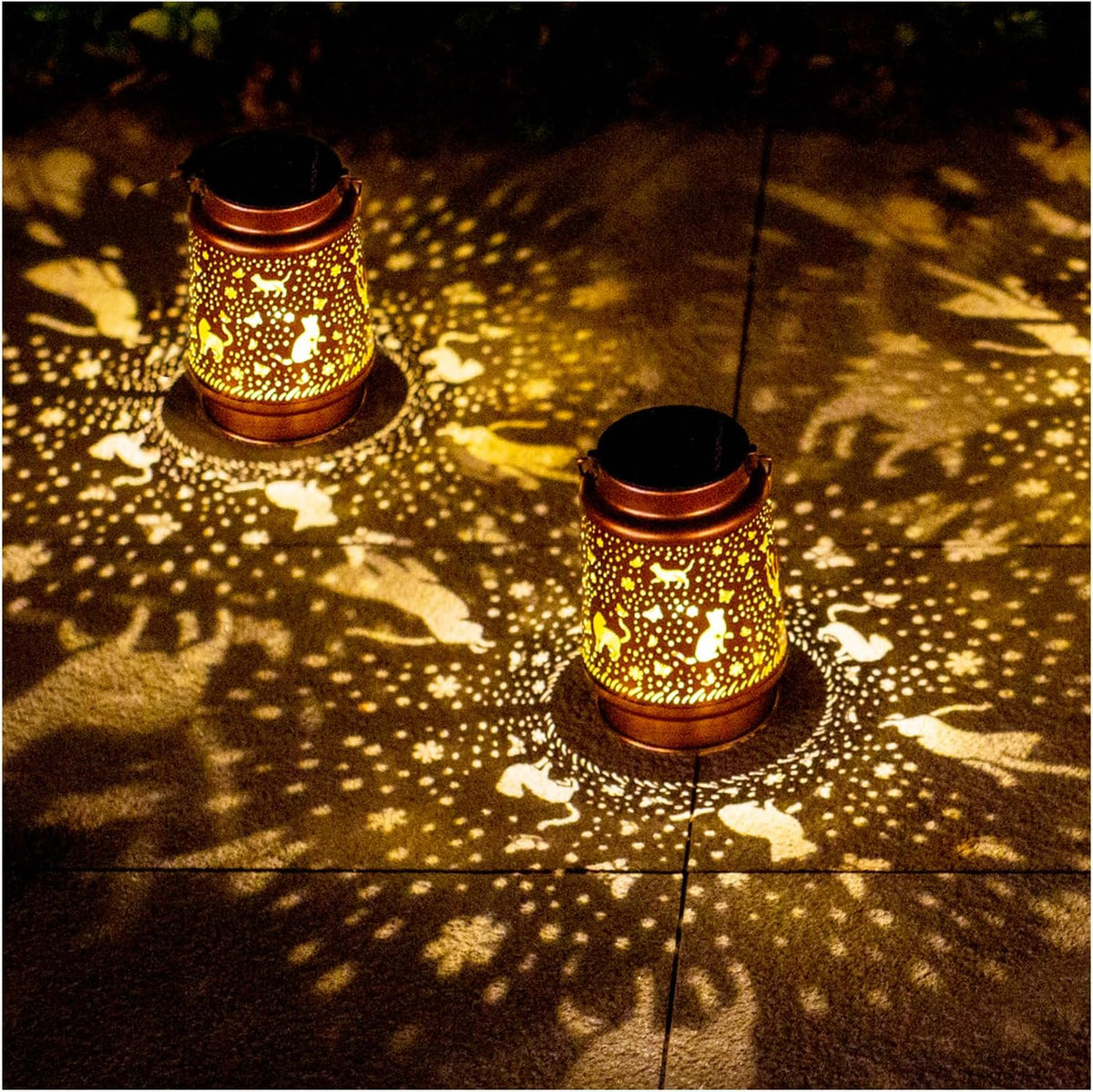 2 Pack Cat Outdoor Solar Hanging Lanterns Waterproof LED Solar Lights Metal Decorative Lanterns for
