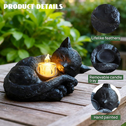 Sleeping Cat Candle Holder Statue Realistic Resin Cat Figurine with Candle Tray Outdoor Garden