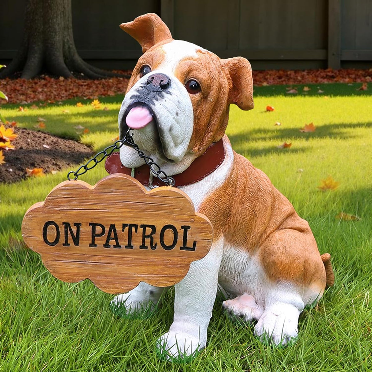 English Bulldog Outdoor Dog Statue with Flip-Over “Welcome/ON Patrol” Plaque and Solar Path