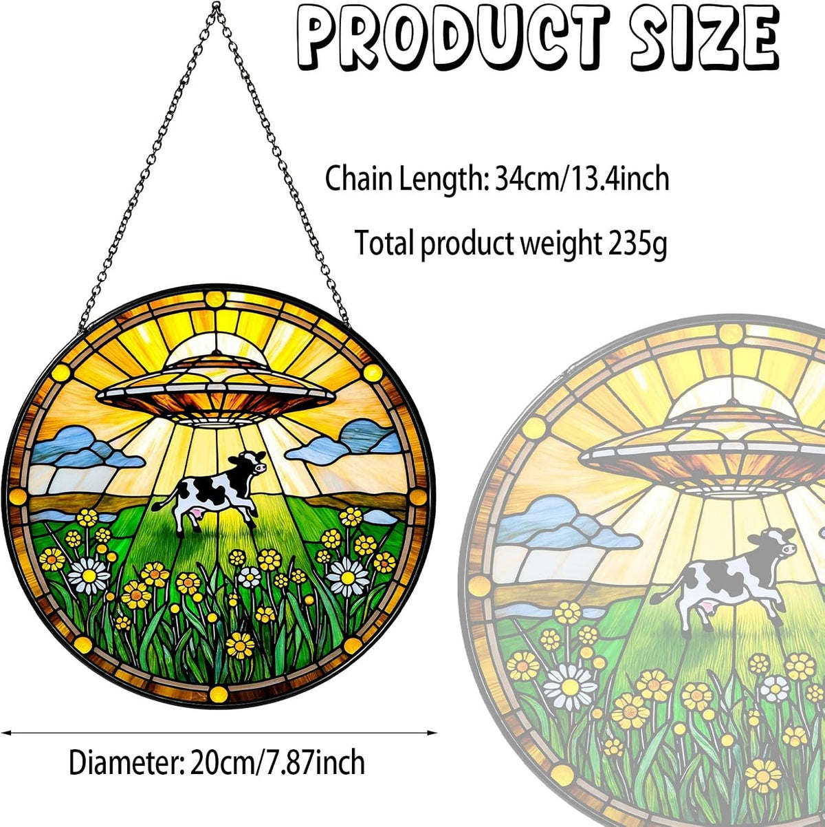 Cow Wildflowers Stained Glass Window Hanging UFO Abduction Sun Catcher Funny Gifts for Women Room