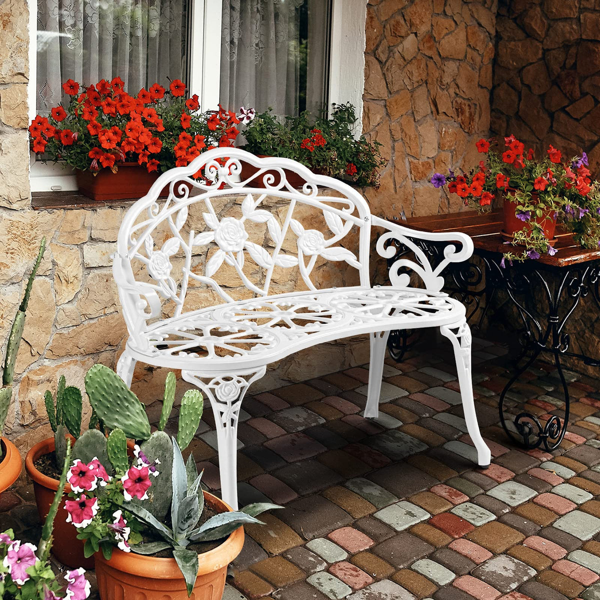 VINGLI 38.5" Patio Park Garden Outdoor Metal Rose Bench, 2-Person Cast Iron Cast Aluminium Frame