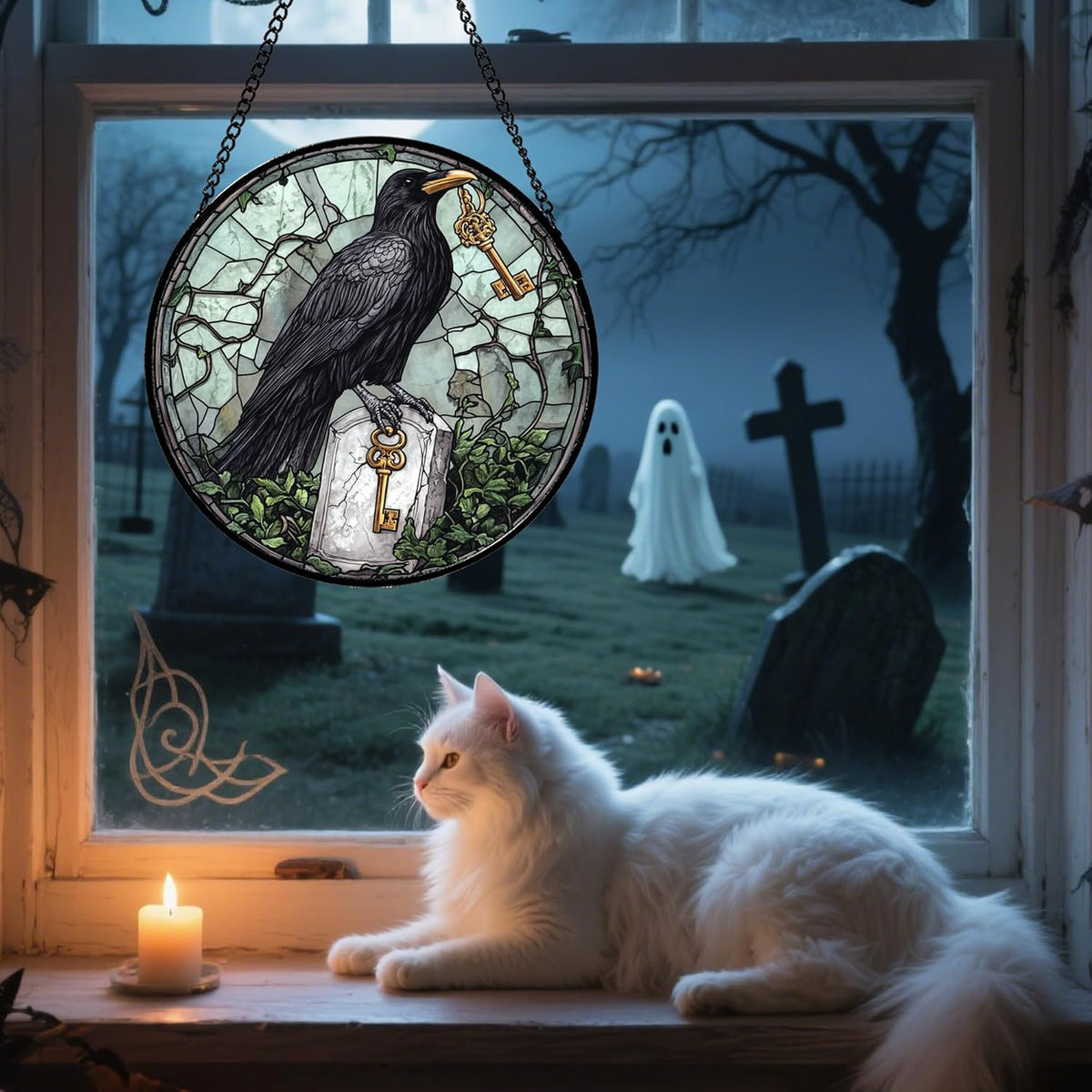 Stained Glass Window Hanging - Halloween Crow Holding A Key Suncatcher for Doors Garden Home Spooky
