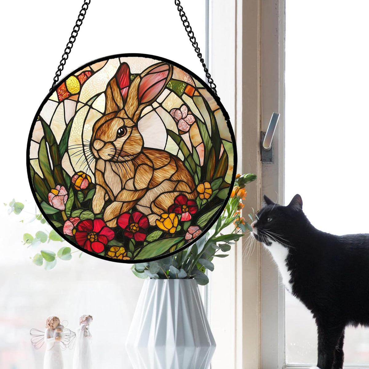 Stained Glass Window Hanging, Cute Bunny Flowers Sun Catcher for Window Door Home Decor, Rabbit