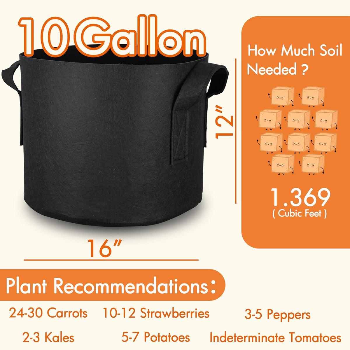 Gardzen 10-Pack 10 Gallon Grow Bags, 300G Thickened Aeration Fabric Pots with Handles, Heavy Duty