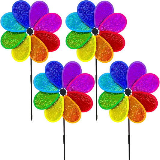 4PCS Flower Wind Spinner Sparkly Lawn Pinwheel 11.8 inch Colorful Rainbow Garden Windmill for