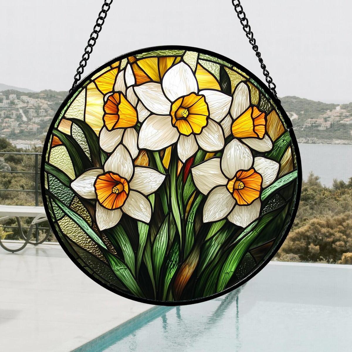 Stained Glass Window Hanging, Yellow and White Daffodils Sun Catcher for Door Home Decor Plants