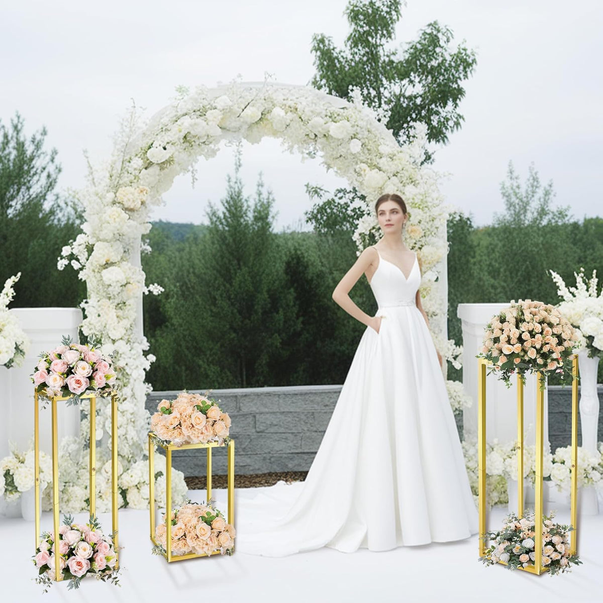 Cylinder Pedestal Stands for Party & Plant,3pcs Square Gold Metal Wedding Flower Display Stand for