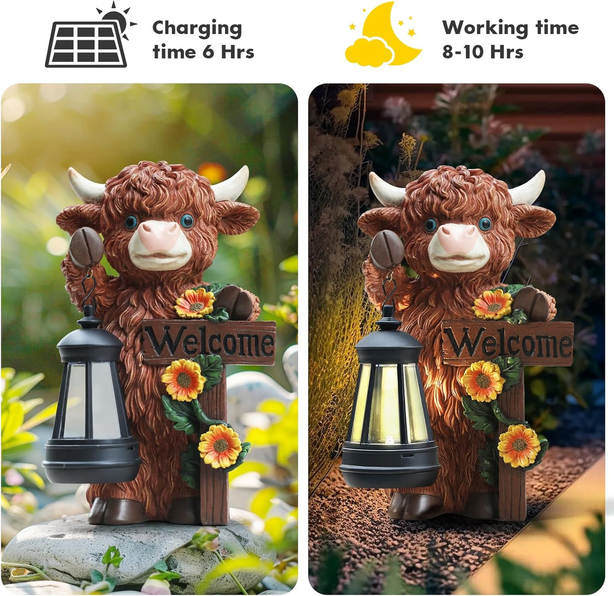 Solar Highland Cow Garden Decor - Outdoor Waterproof Resin Statues with LED Lights, Solar Patio