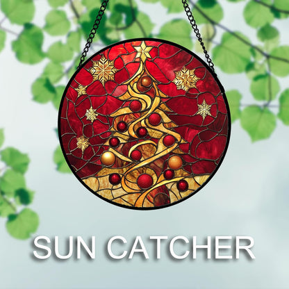 Stained Glass Window Hanging 4 Pcs Set Red Christmas Elk Snowflakes 7.8" - Deer Suncatcher Door