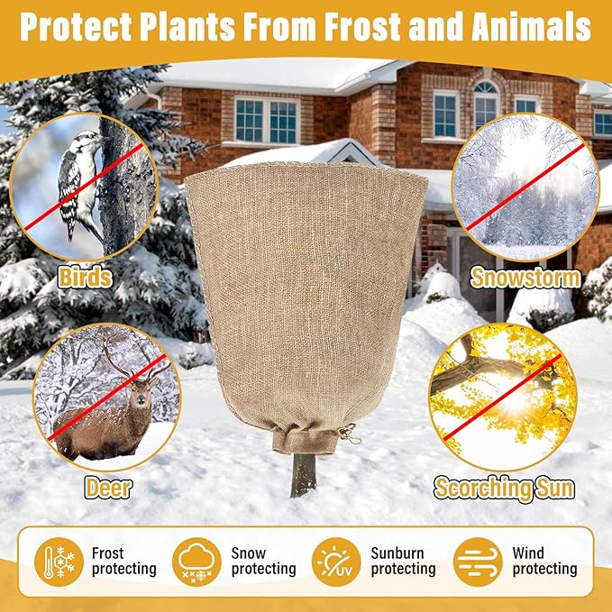 Riare 4 Packs 32 × 40 Inch Burlap Winter Plant Cover Bags with Drawstring- Reusable Large Burlap