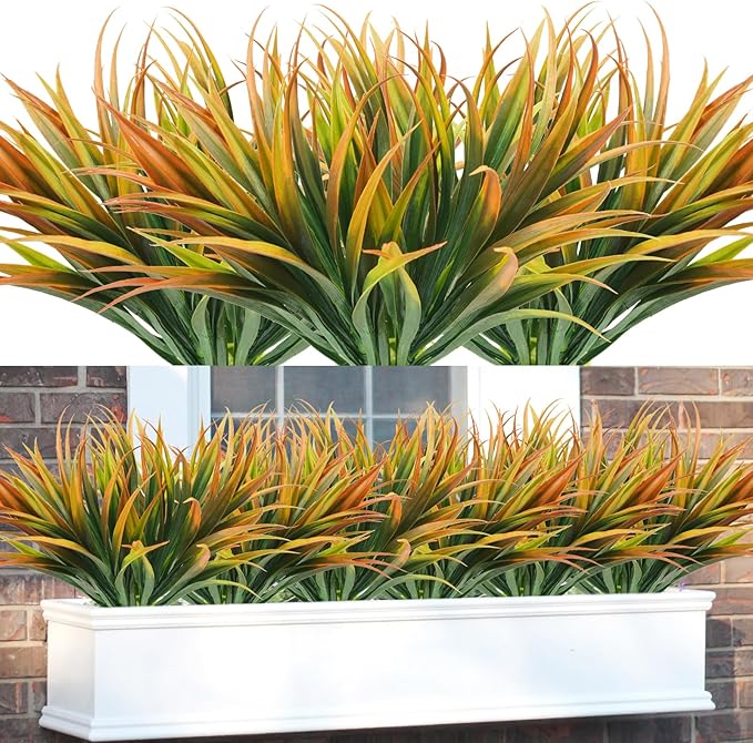 16Pcs Artificial Grass Fake Plants 17.3in Outdoor Plastic Plants UV Resistant Greenery Fake Grass
