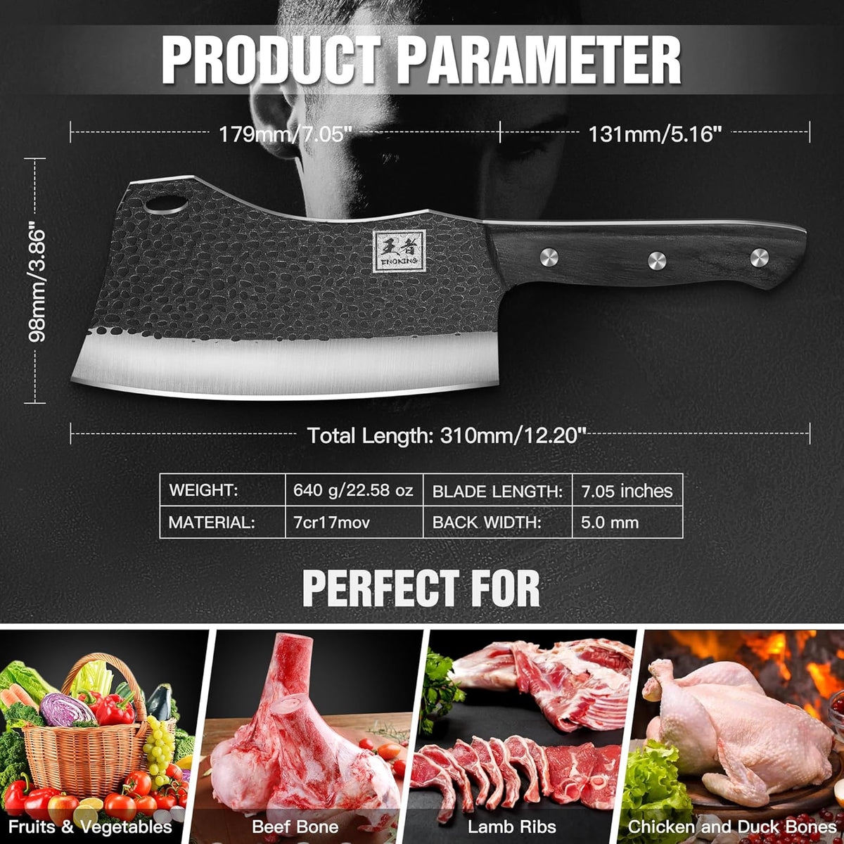 ENOKING 7.1″ Butcher Knife & Chef’s Knives – Hand Forged High Carbon Stainless Steel, Full Tang for