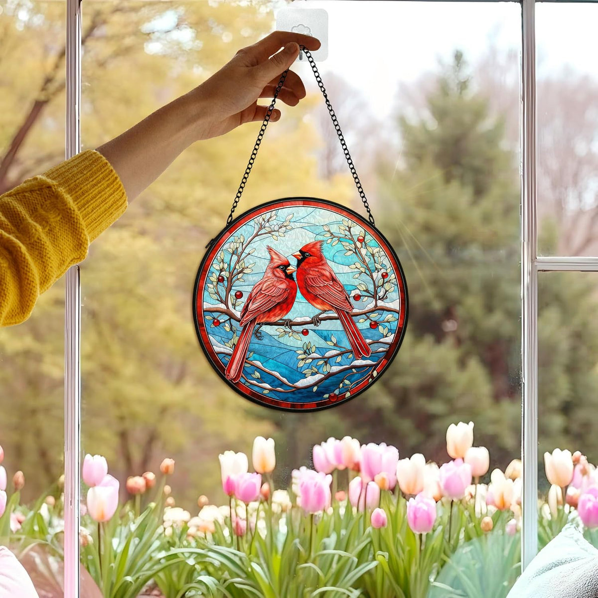 Cardinal Suncatcher Stained Glass Window Hanging Decor, Winter Christmas Cardinal Stained Glass