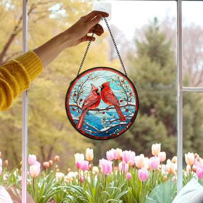 Cardinal Suncatcher Stained Glass Window Hanging Decor, Winter Christmas Cardinal Stained Glass