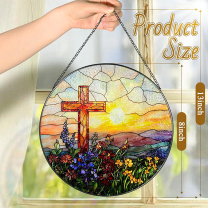 8 Inch Cross Sunset Suncatchers for Windows Hanging, Indoor Decor 8 Inch, Stained Glass Gift