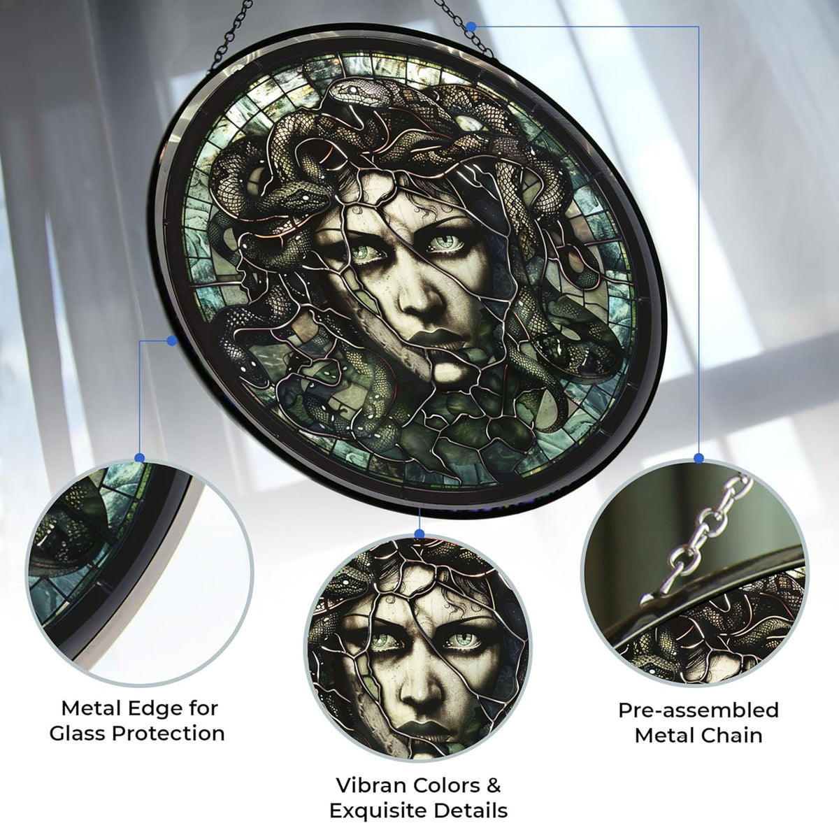 Medusa Stained Glass Window Hanging Window Suncatcher 12" Glass Panel with Metal Chain and Hooks