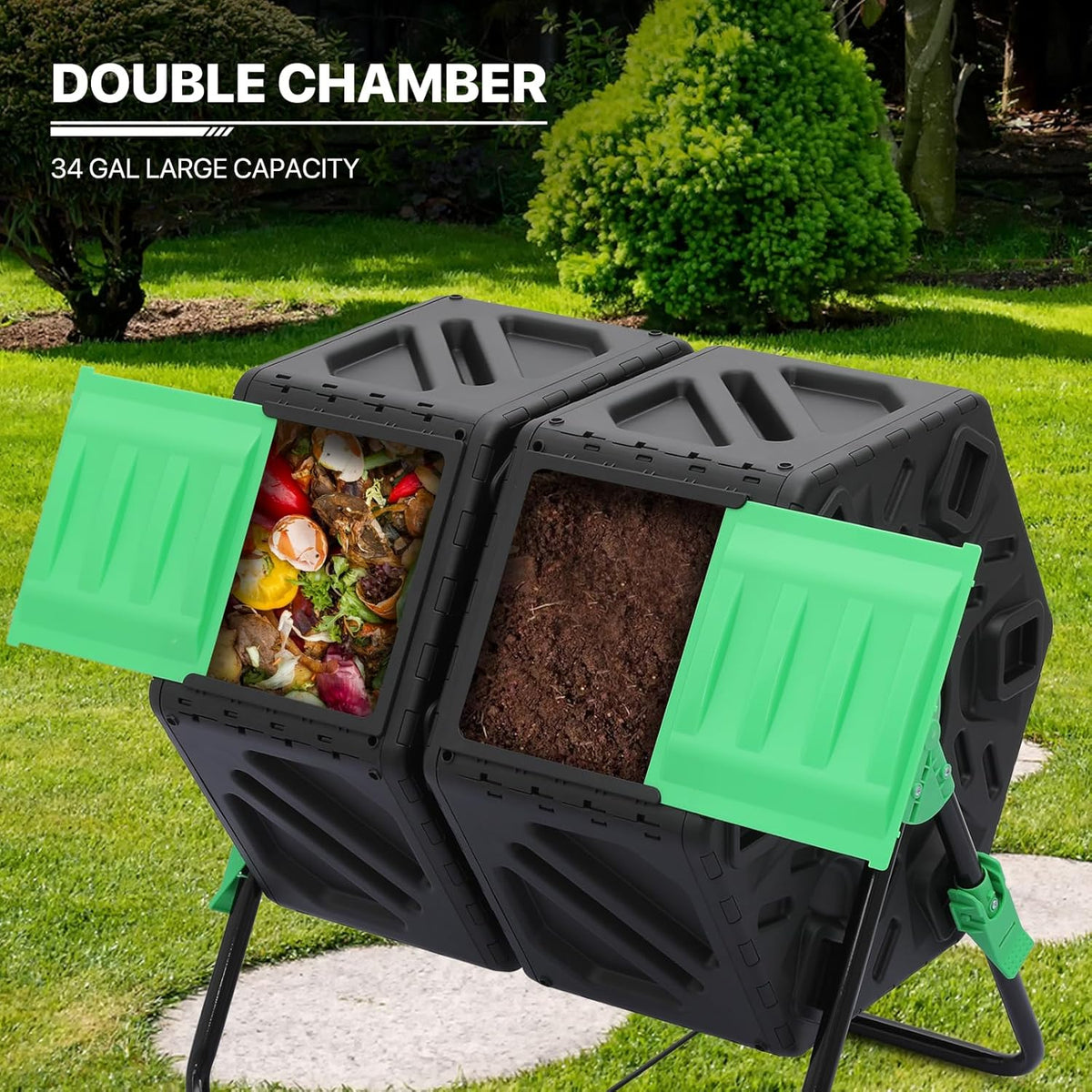 MoNiBloom 34 Gallon Compost Bins Outdoor Dual Chamber Composter Tumbler, All-Season Fast Working