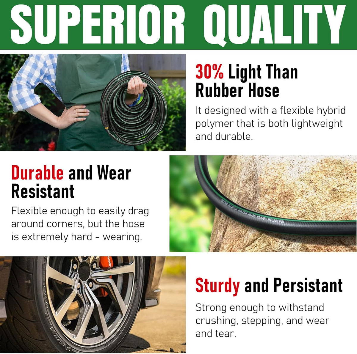 Heavy Duty Garden Hose 50ft, NON-EXPANDABLE Flexible Water Hose, Kink Resistant Lightweight Hybrid