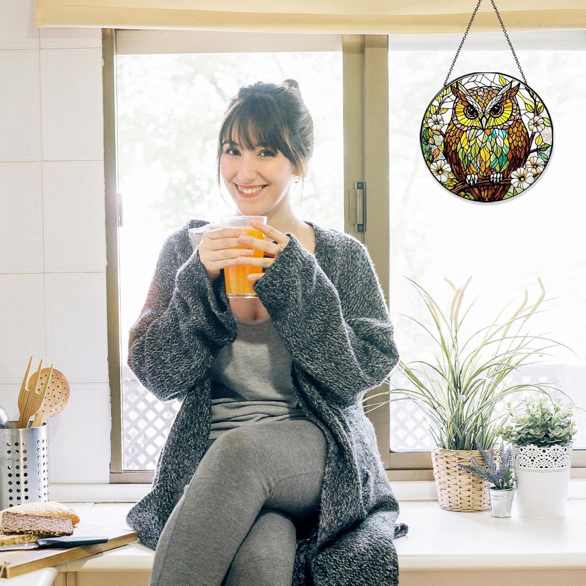 Owl Stained Glass Window Hanging Bird Light Sun Catcher Owls Lover Gifts for Women Christmas