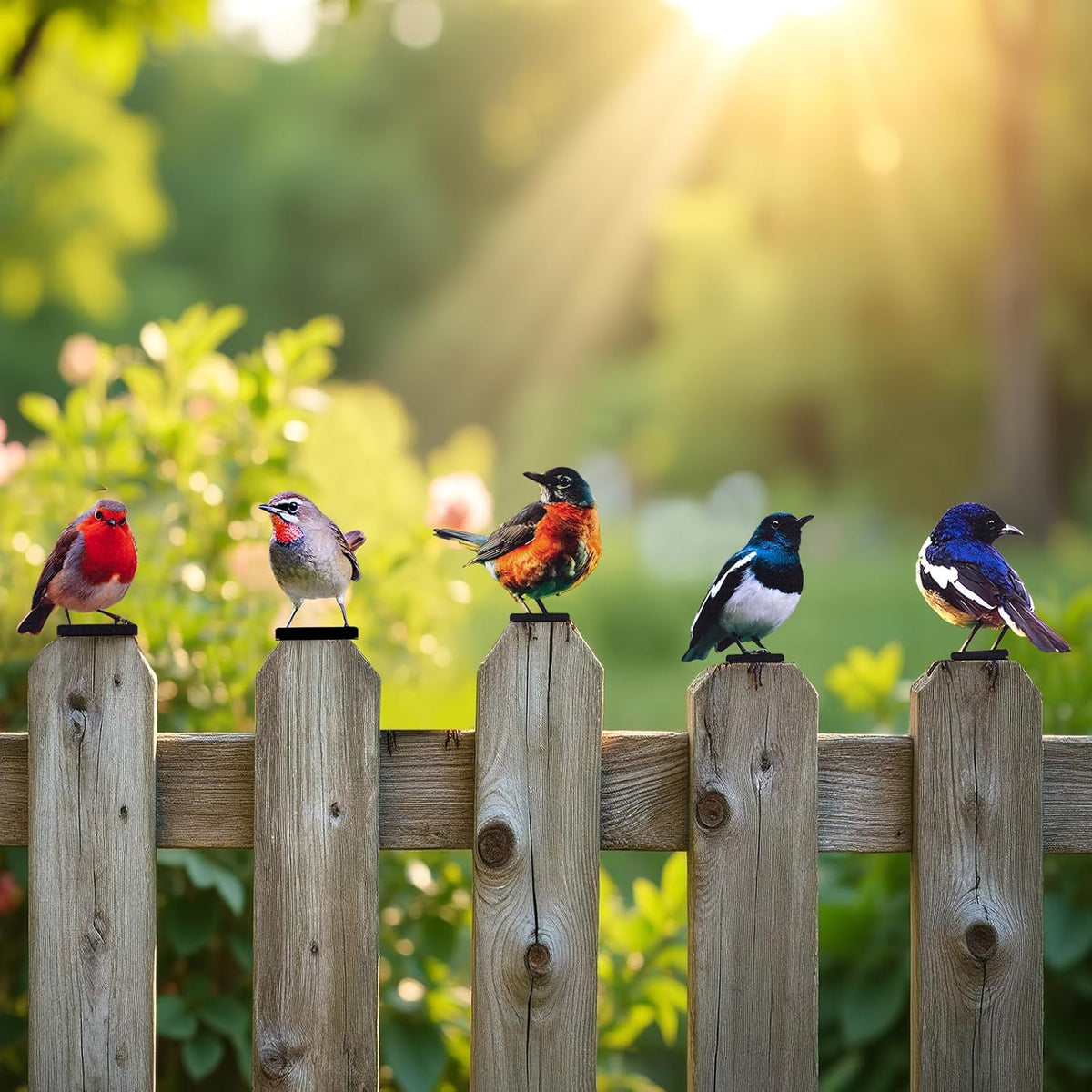 HUYIENO 5PCS Vivid Metal Birds Fence Decor Color Painted Outdoor Garden Natural Bird 2D Sculptures