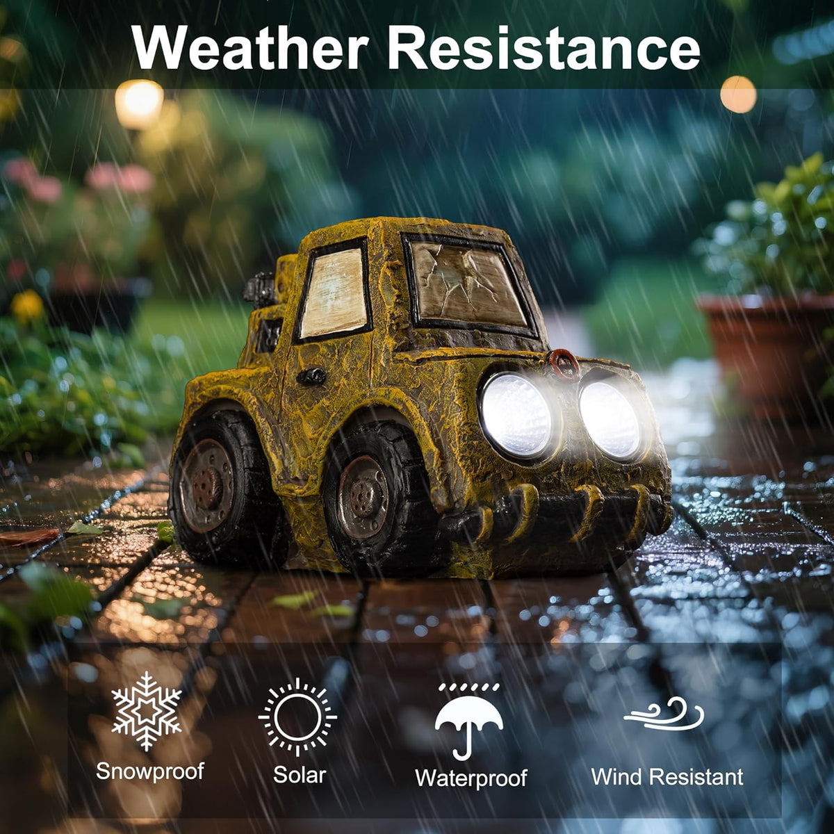 Garden Statue Outdoor Solar Car Decor with LED Light Vintage Resin Sculpture Construction Vehicle