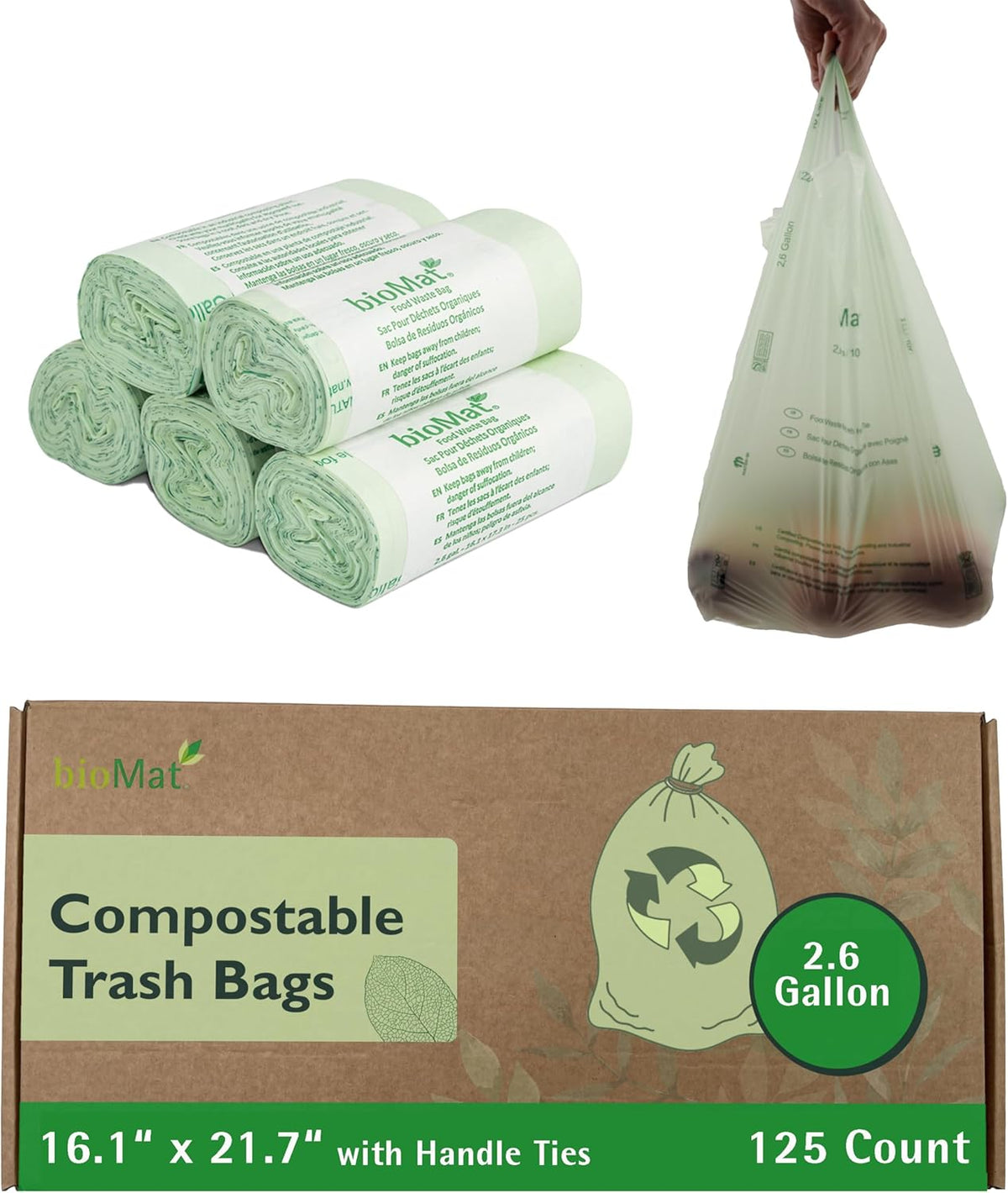 bioMat 2.6 Gallon Compostable Trash Bags with Handle Ties, 150 Count, Compost Bags for Garbage