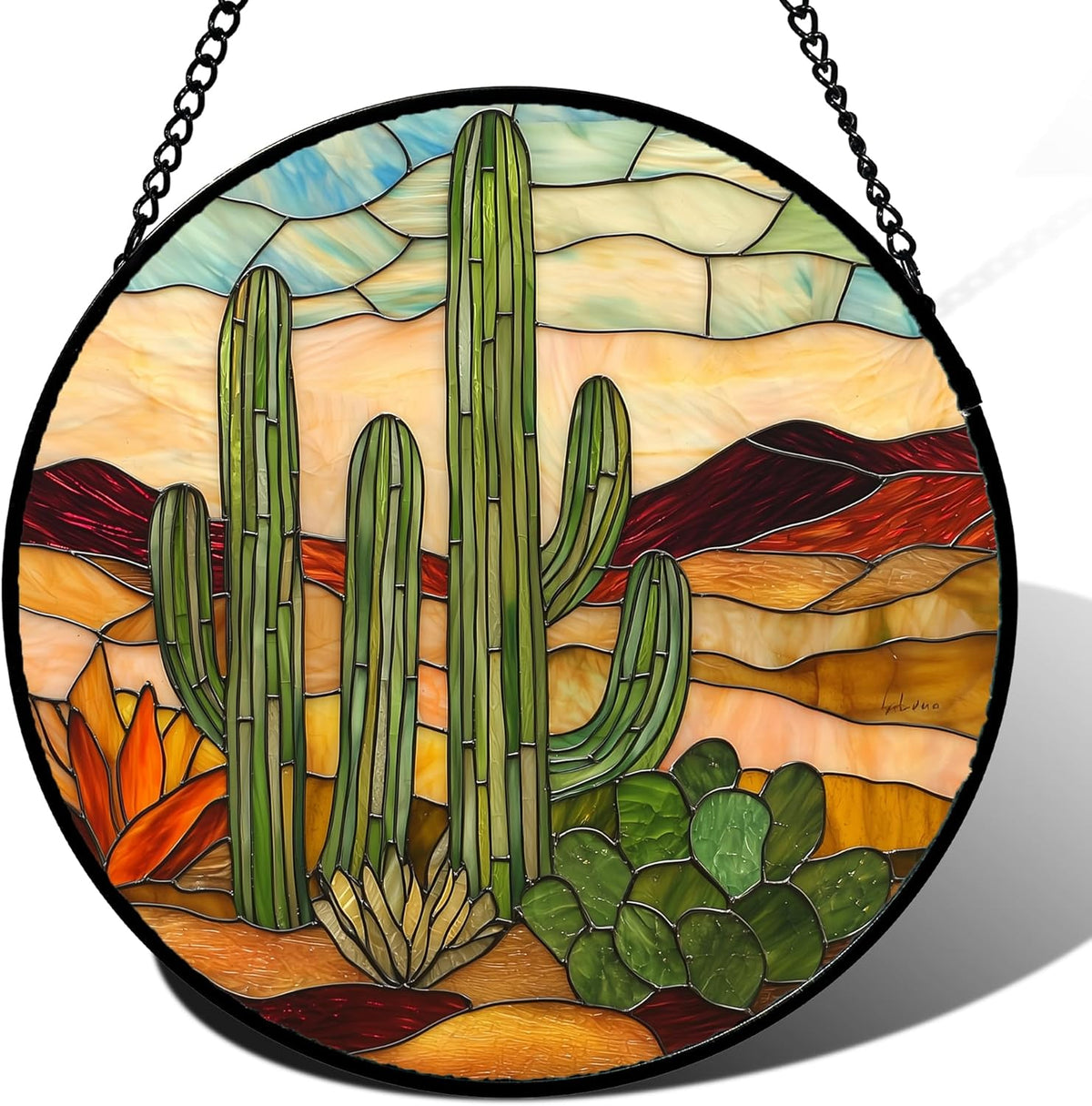 Stained Glass Window Hanging, Green Cactus Sun Catcher for Door Terrace Garden Home Decor, Abstract