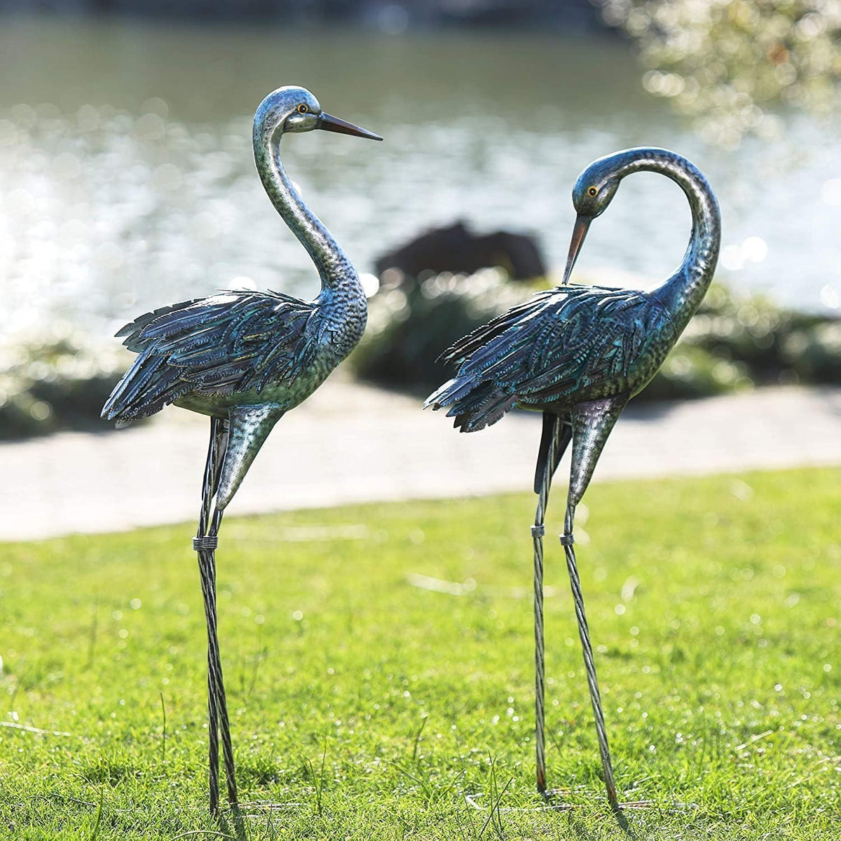 Kircust Garden Crane Statue for Outdoor, Blue Heron Decoy Garden Sculptures and Statues, Metal Bird