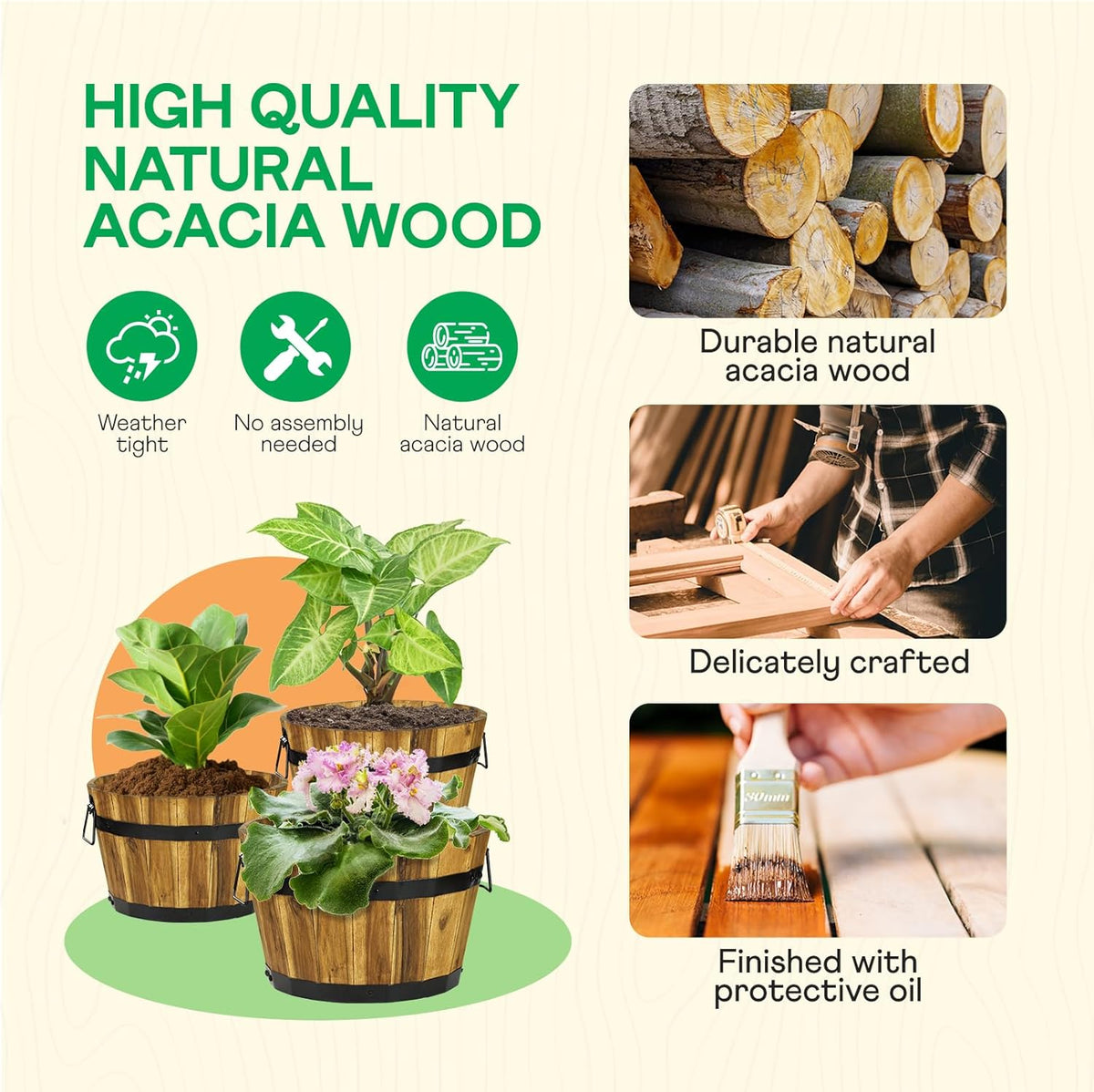 IDZO Set of 3 Wooden Flower Planters for Outdoor Plants, Acacia Wood Barrel Planters, Ergonomic