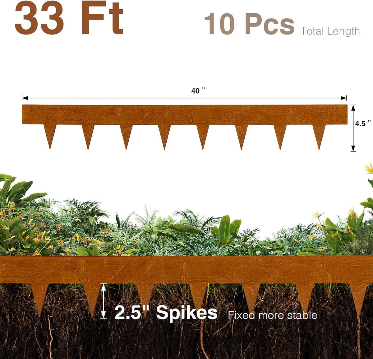 10-Pack Corten Steel Landscape Lawn Edging 4.5 inch Height, Rust Patina Finish Bendable Metal