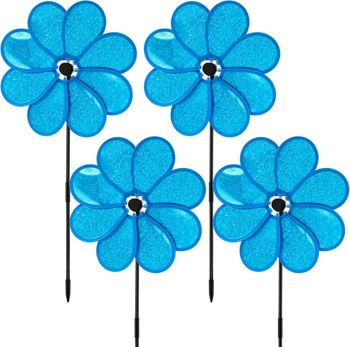 4PCS Flower Wind Spinner Sparkly Lawn Pinwheel 11.8 inch Blue Garden Windmill for Garden, Party