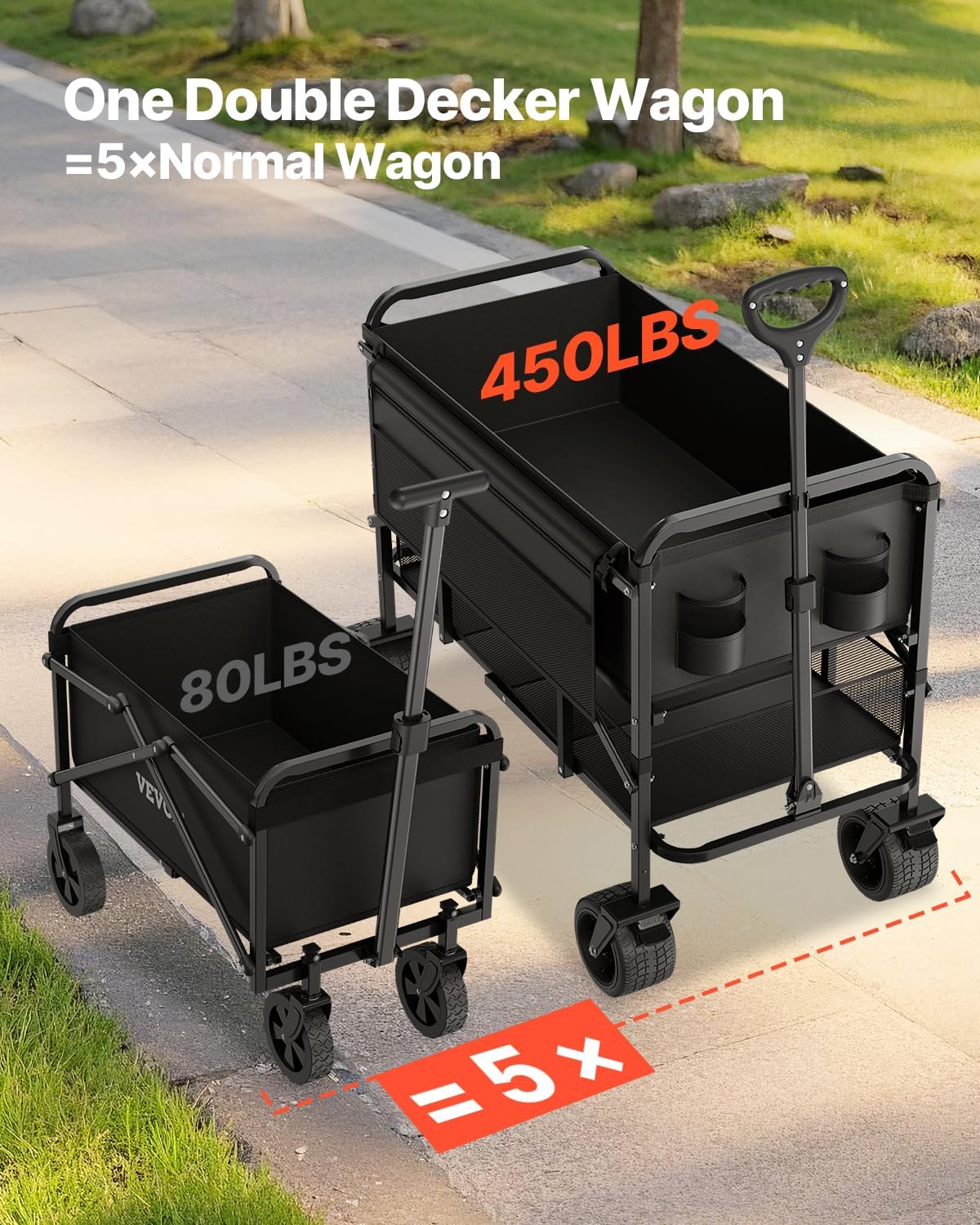 VEVOR 400L/450lbs Large Collapsible Double Decker Wagon, Foldable Heavy Duty Beach Wagon Cart with