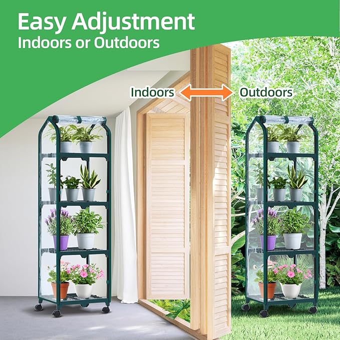 Ohuhu Mini Greenhouse for Indoor Outdoor, Small Plastic Plant Green House with Locking Wheels