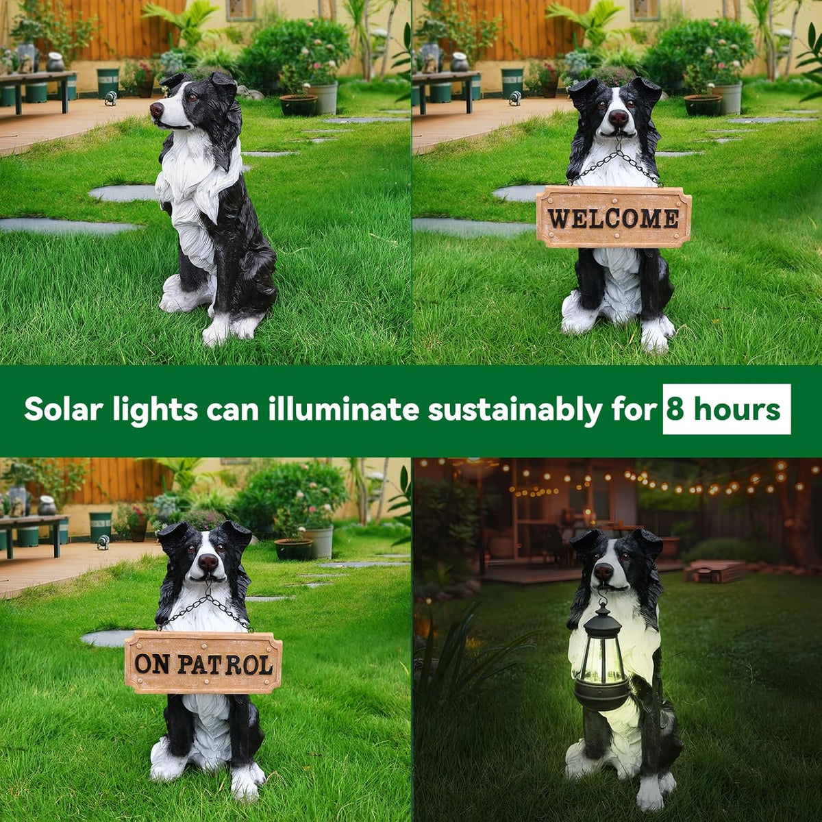 Border Collie Outdoor Dog Statue with Reversible “Welcome/ON Patrol” Plaque and Solar Path Lantern