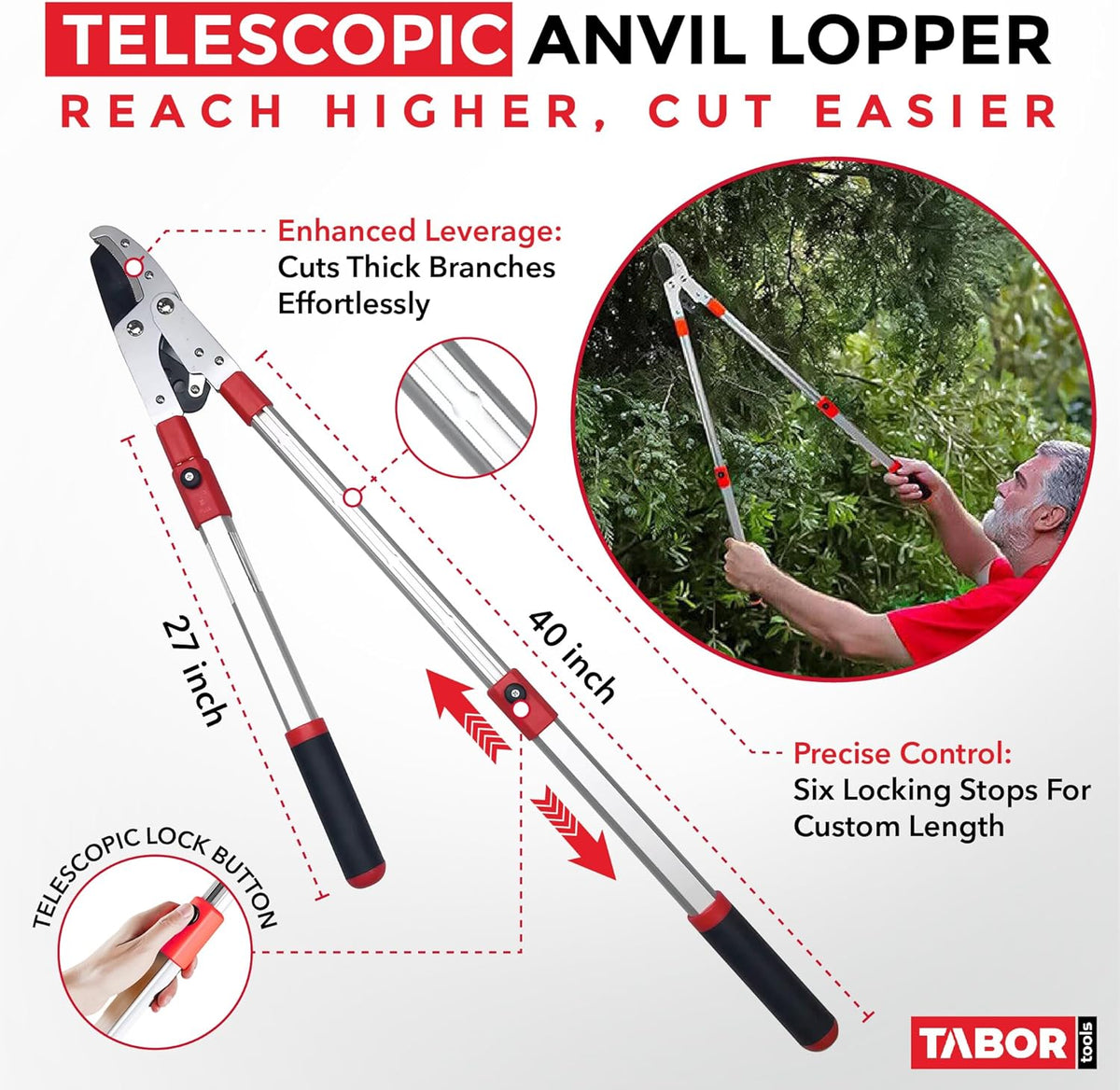 TABOR TOOLS GG22A Telescopic Extendable Anvil Lopper with Compound Action, 27-40 Inch Telescopic
