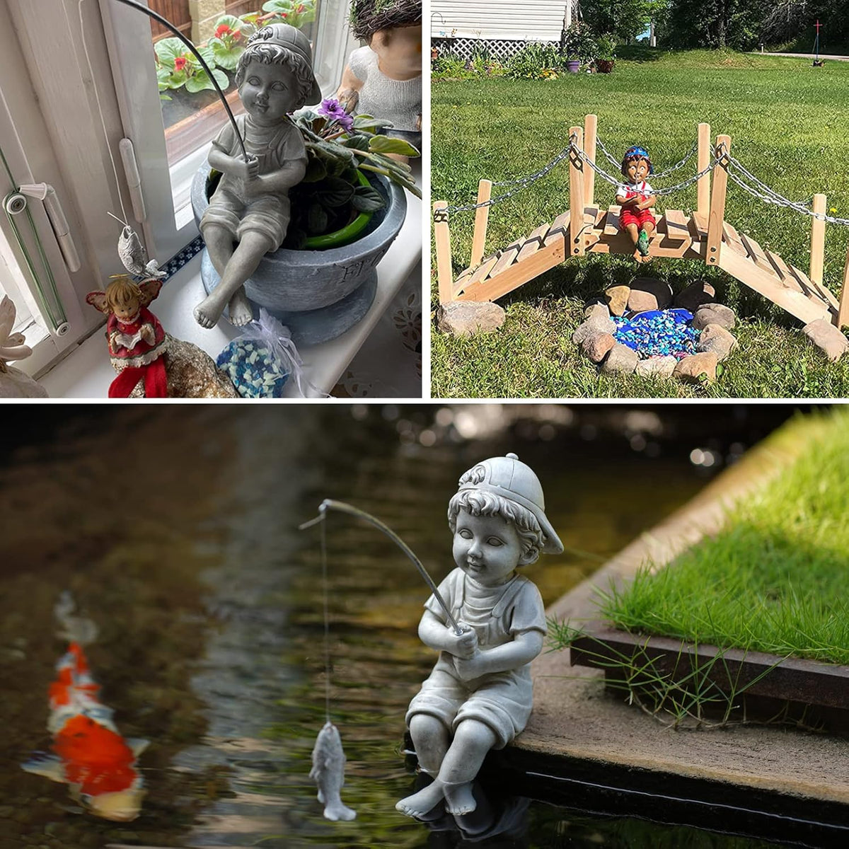 Goodeco Fisherboy Statue Garden Decor - 11" Little Fishing Guy for Koi Pond or Waterfalls, Poolside