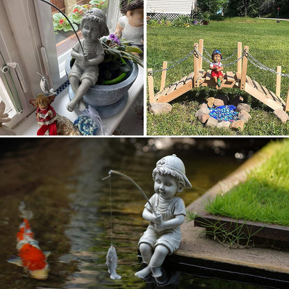 Goodeco Fisherboy Statue Garden Decor - 11" Little Fishing Guy for Koi Pond or Waterfalls, Poolside