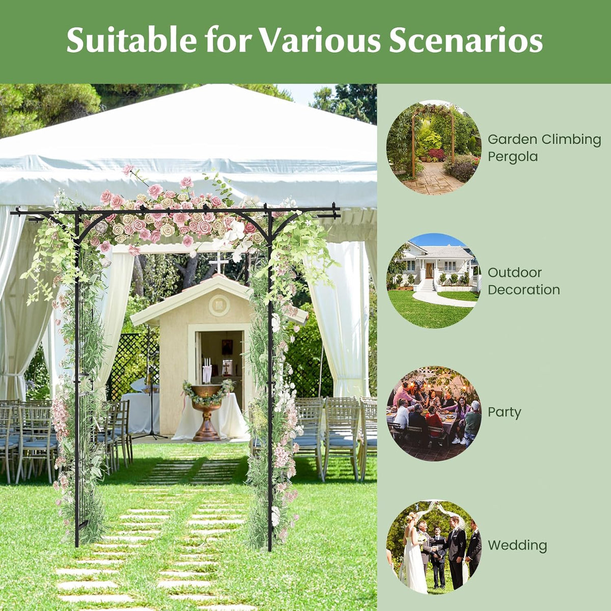 LDAILY Wedding Arch, 6.8FT Rustproof Metal Garden Arbor with Extended Roof & 4 Stakes, Outdoor