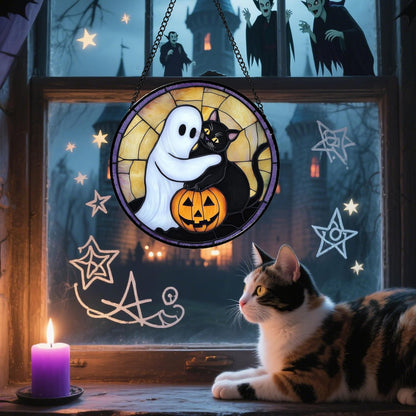 Stained Glass Window Hanging - Halloween Decorations Cute White Ghost Black Cat Suncatcher for