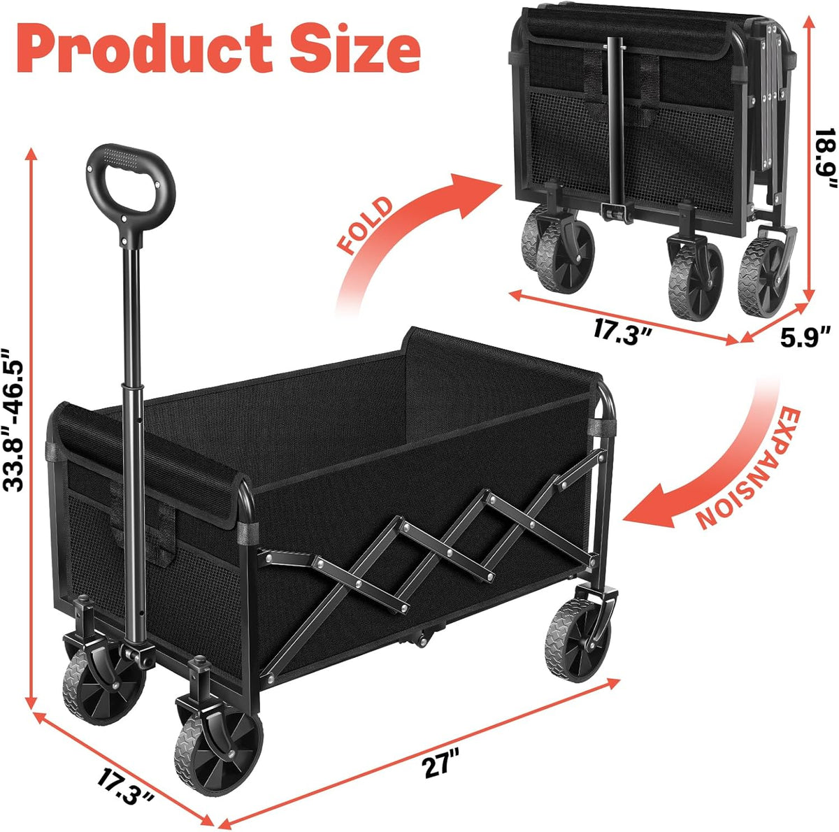 Wagons Carts Foldable,360 lbs Collapsible Wagon with Wheels Foldable Wagon Cart with Flexible