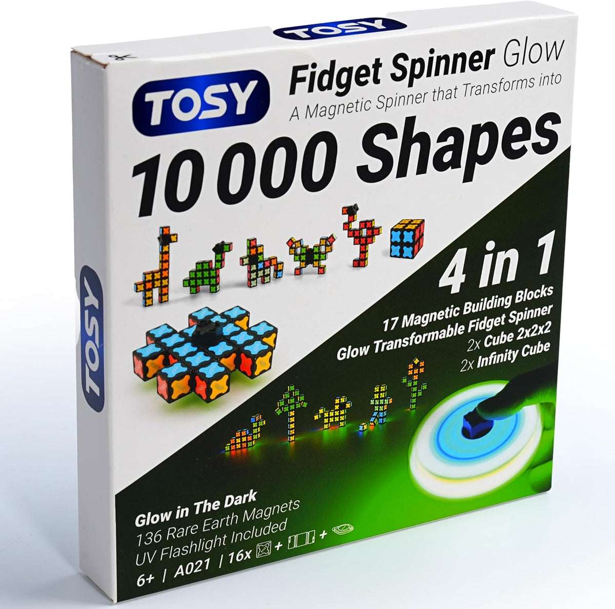 TOSY Magnet Fidget Spinner Glow - 16 Blocks, 3 in 1 Toy: Transformable Fidget Spinner, Infinity