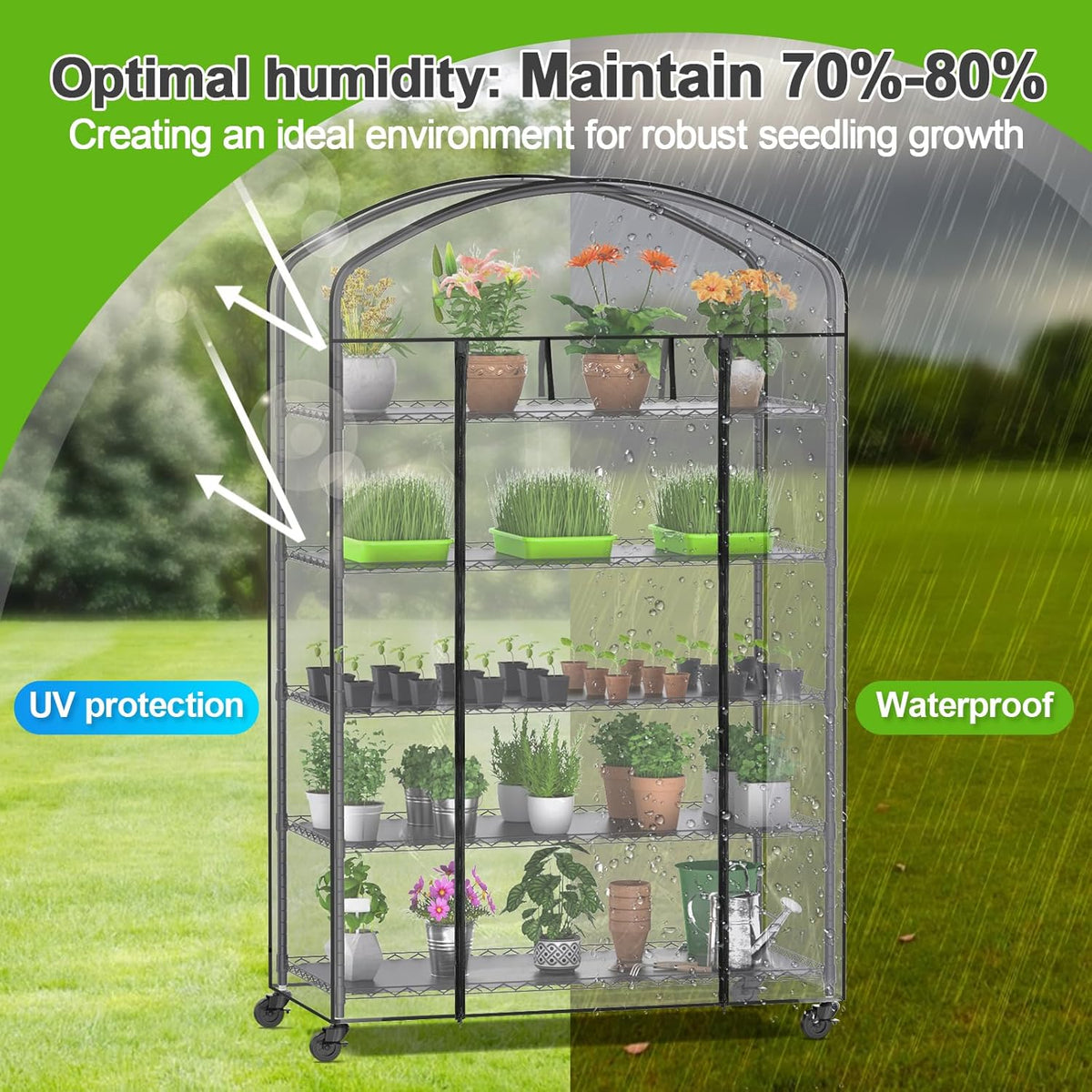 Abimars 5-Tier Greenhouse with Caster Wheel, Each Shelf Height Adjustable Metal Plant Shelf with