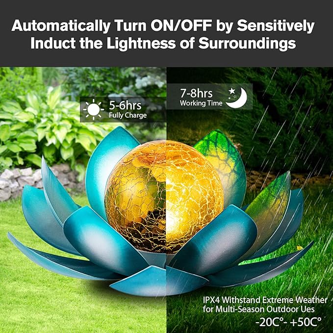 Huaxu Solar Light Outdoor Garden Decor Blue Metal Crackle Globe Glass Waterproof LED Lotus Flower