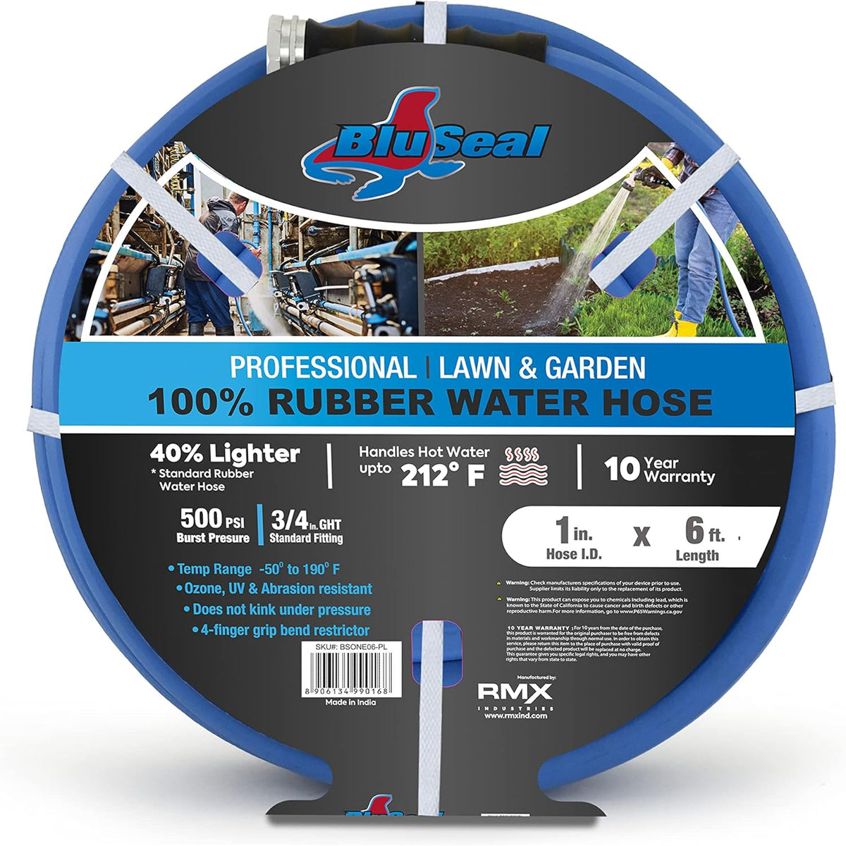 BluSeal Hot/Cold Water Rubber Garden Hose, 100% Rubber, Ultra-Light, Super Strong, 500 PSI, 50F to