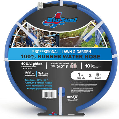 BluSeal Hot/Cold Water Rubber Garden Hose, 100% Rubber, Ultra-Light, Super Strong, 500 PSI, 50F to